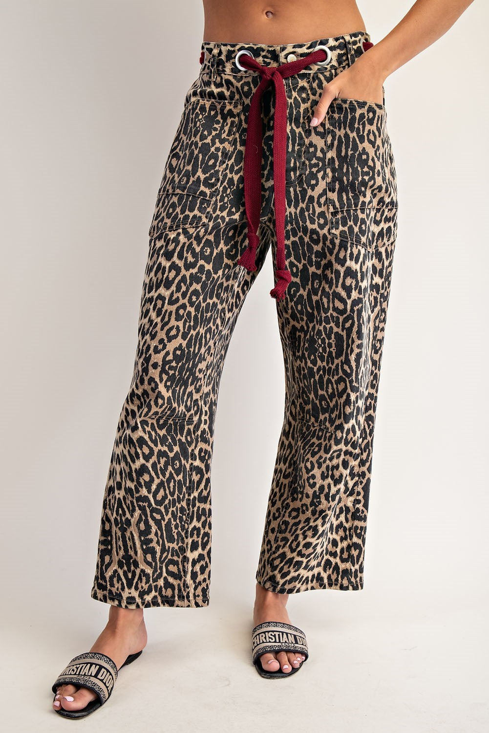 Mineral Washed Leopard Tie Waist Barrel Jeans By Eesome