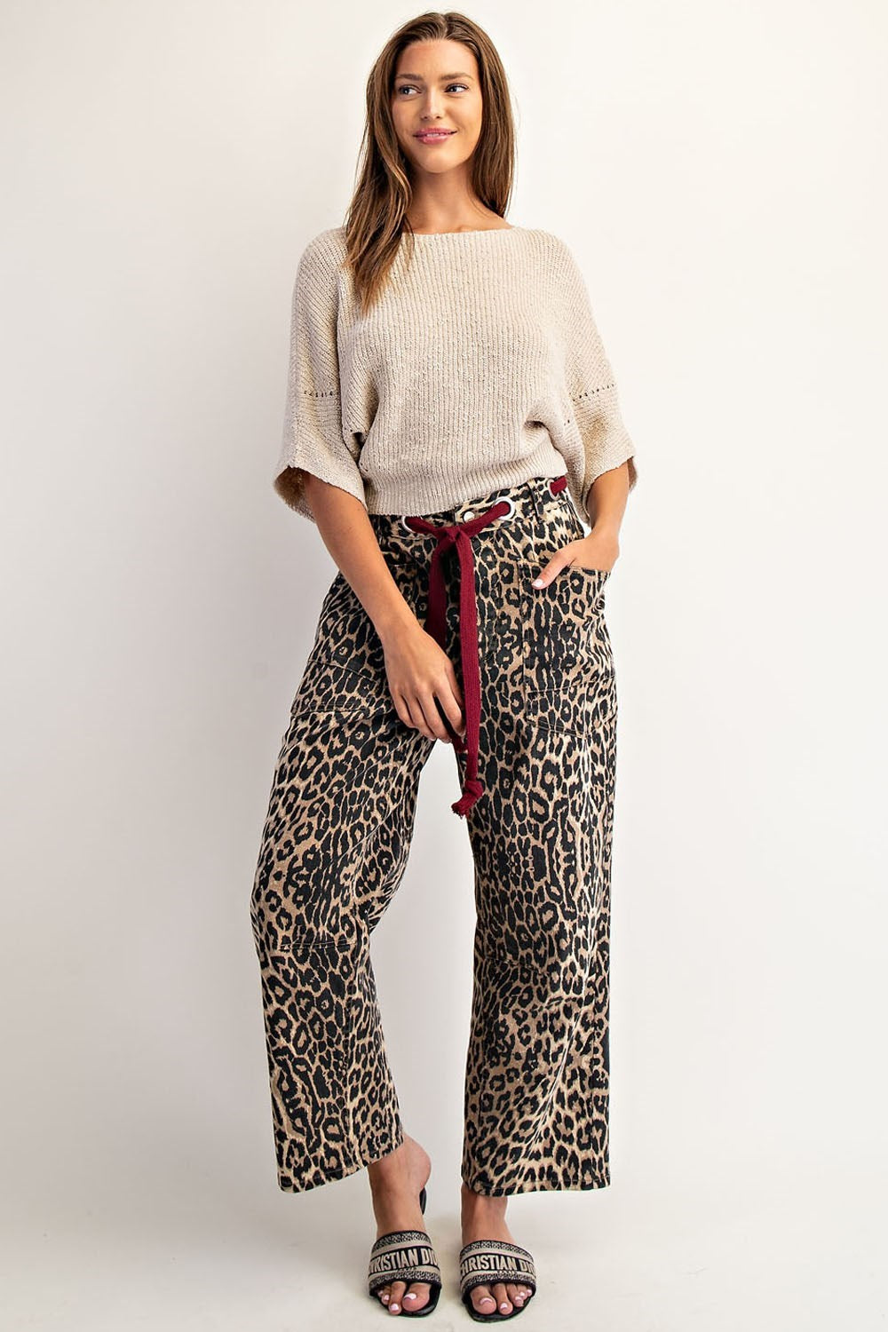 Mineral Washed Leopard Tie Waist Barrel Jeans By Eesome