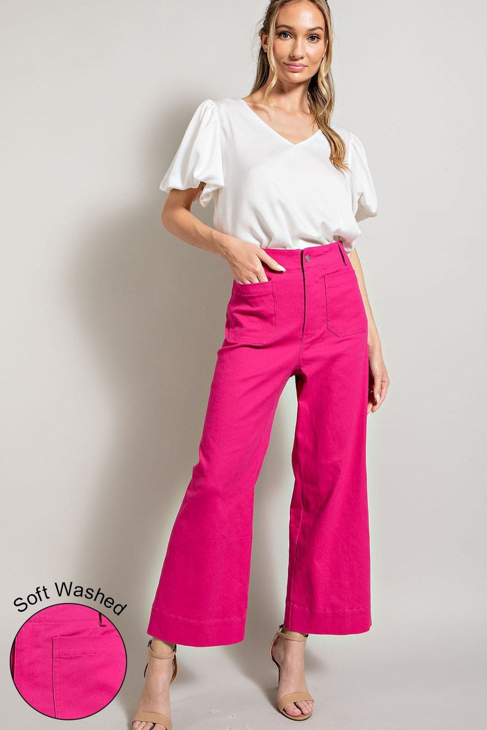 Hot Pink Soft Washed Wide Leg Pants By Eesome