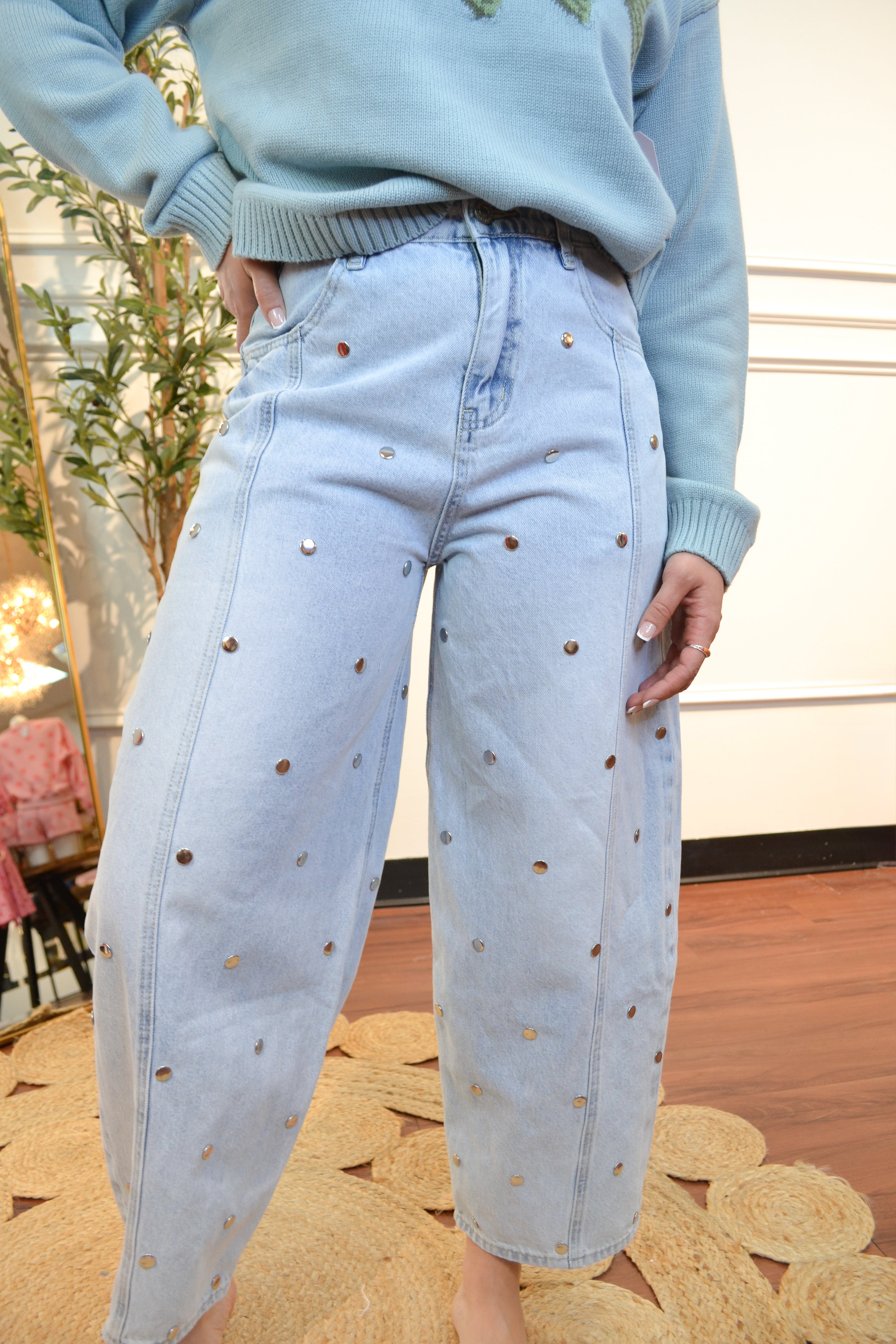 Shine On Studded Barrel Jeans By Klesis