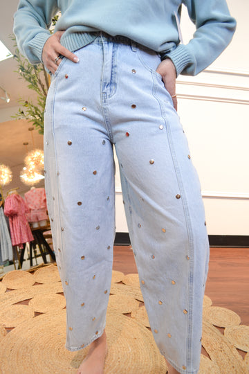 Shine On Studded Barrel Jeans By Klesis