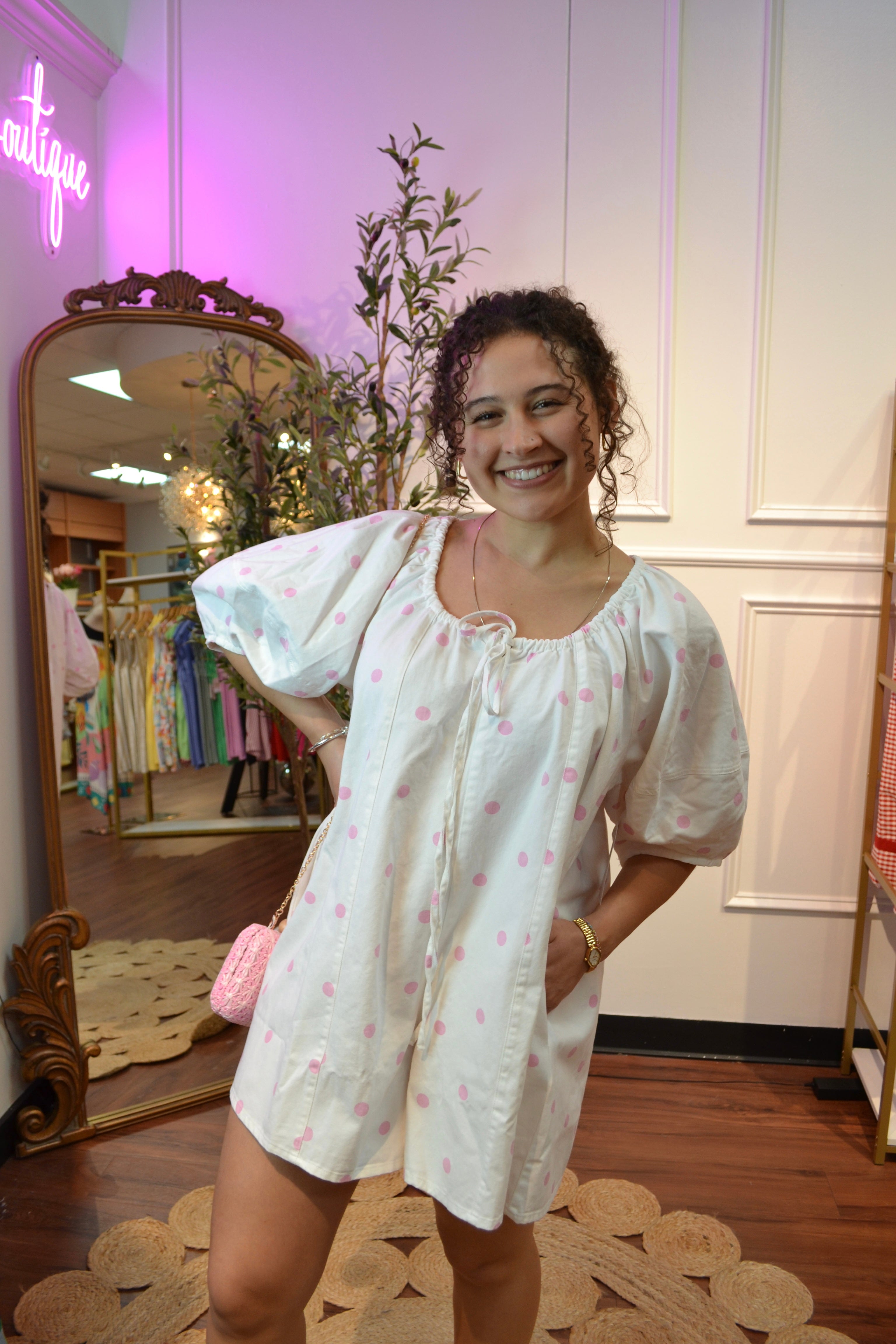 Strawberry Milk Dot Romper By Peach Love California- RUNS BIG