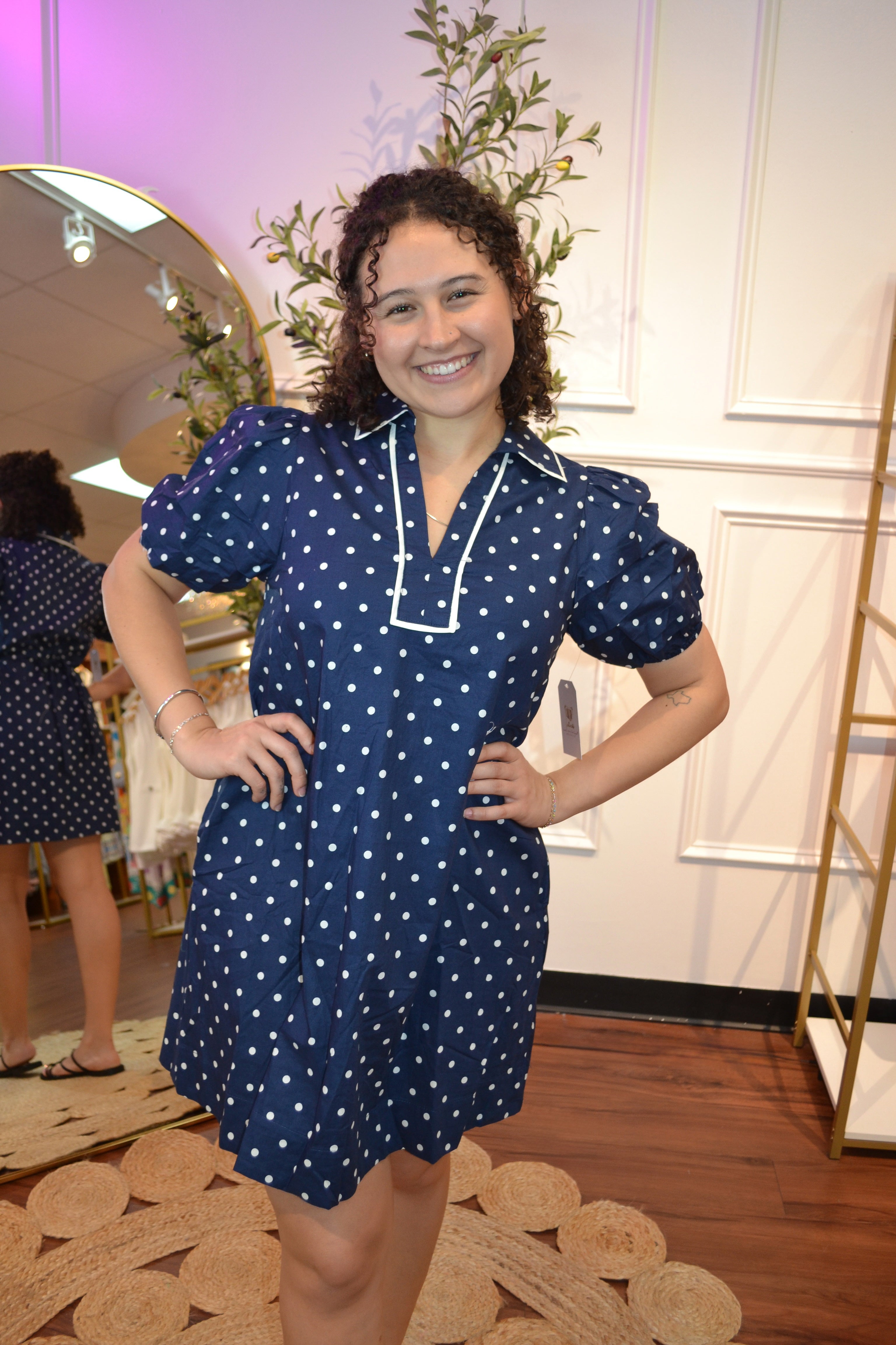 Navy Polka Dot Mini Dress – Puff Sleeve Cotton Dress By Entro
