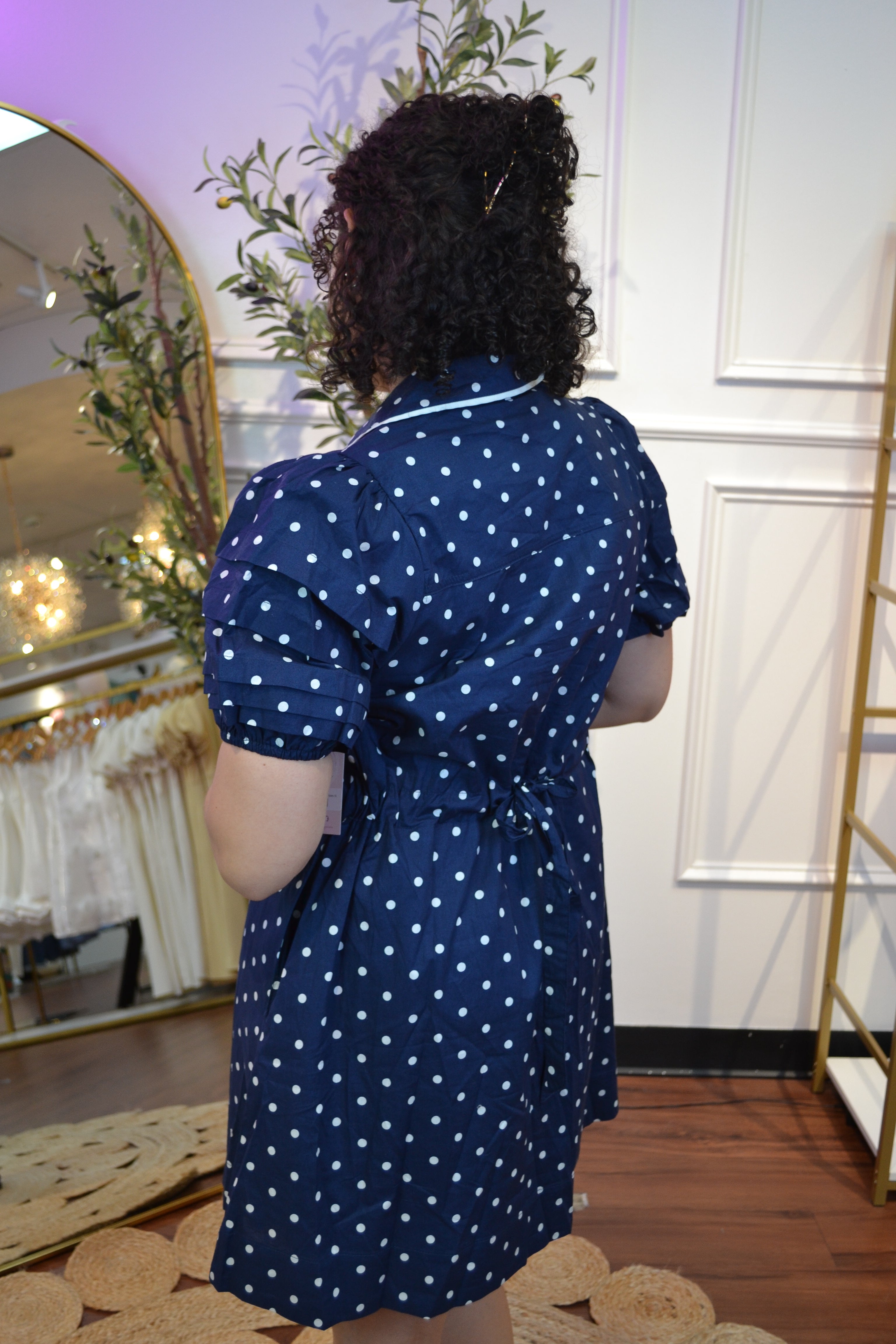 Navy Polka Dot Mini Dress – Puff Sleeve Cotton Dress By Entro