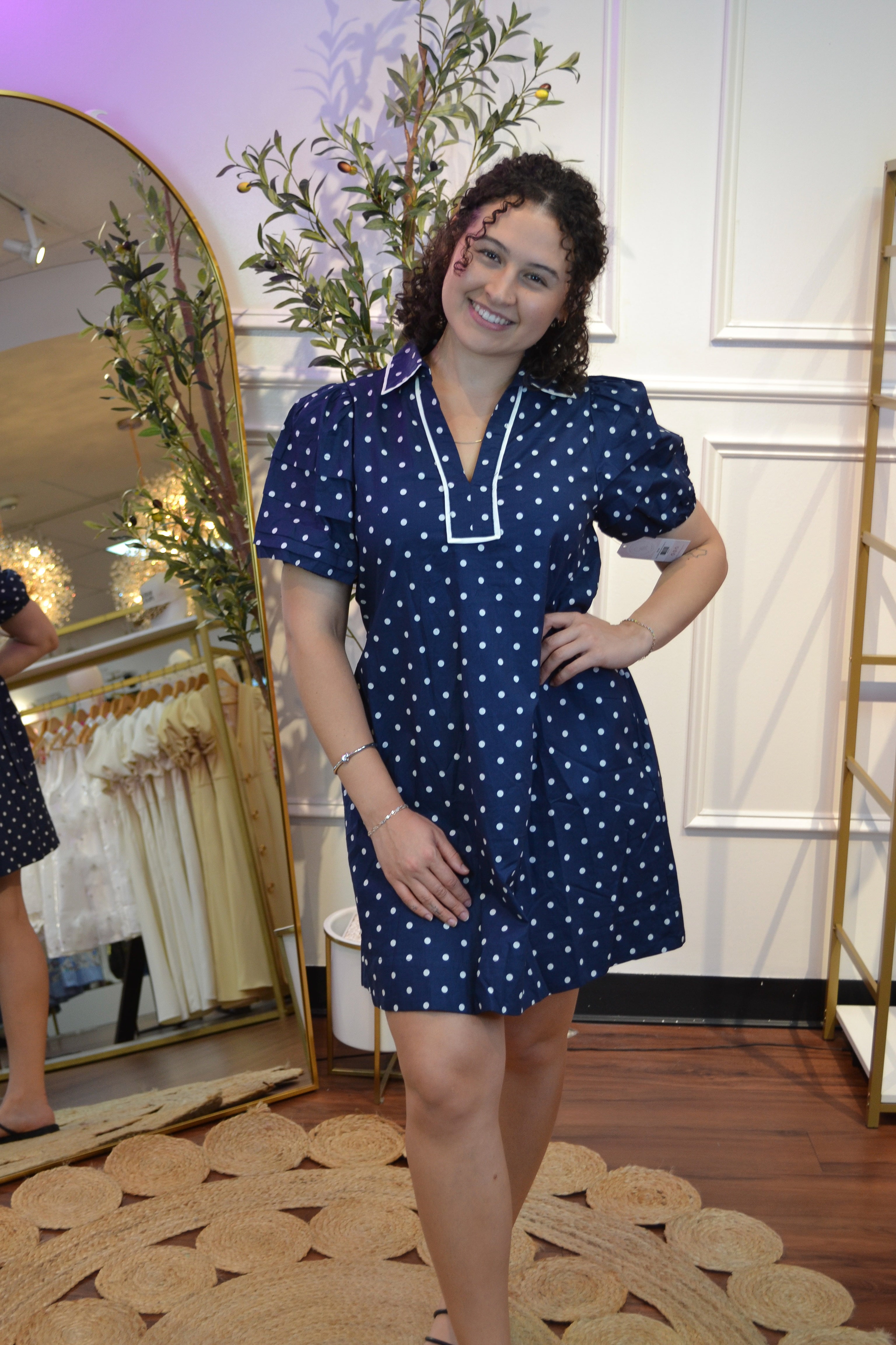 Navy Polka Dot Mini Dress – Puff Sleeve Cotton Dress By Entro
