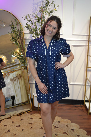 Navy Polka Dot Mini Dress – Puff Sleeve Cotton Dress By Entro