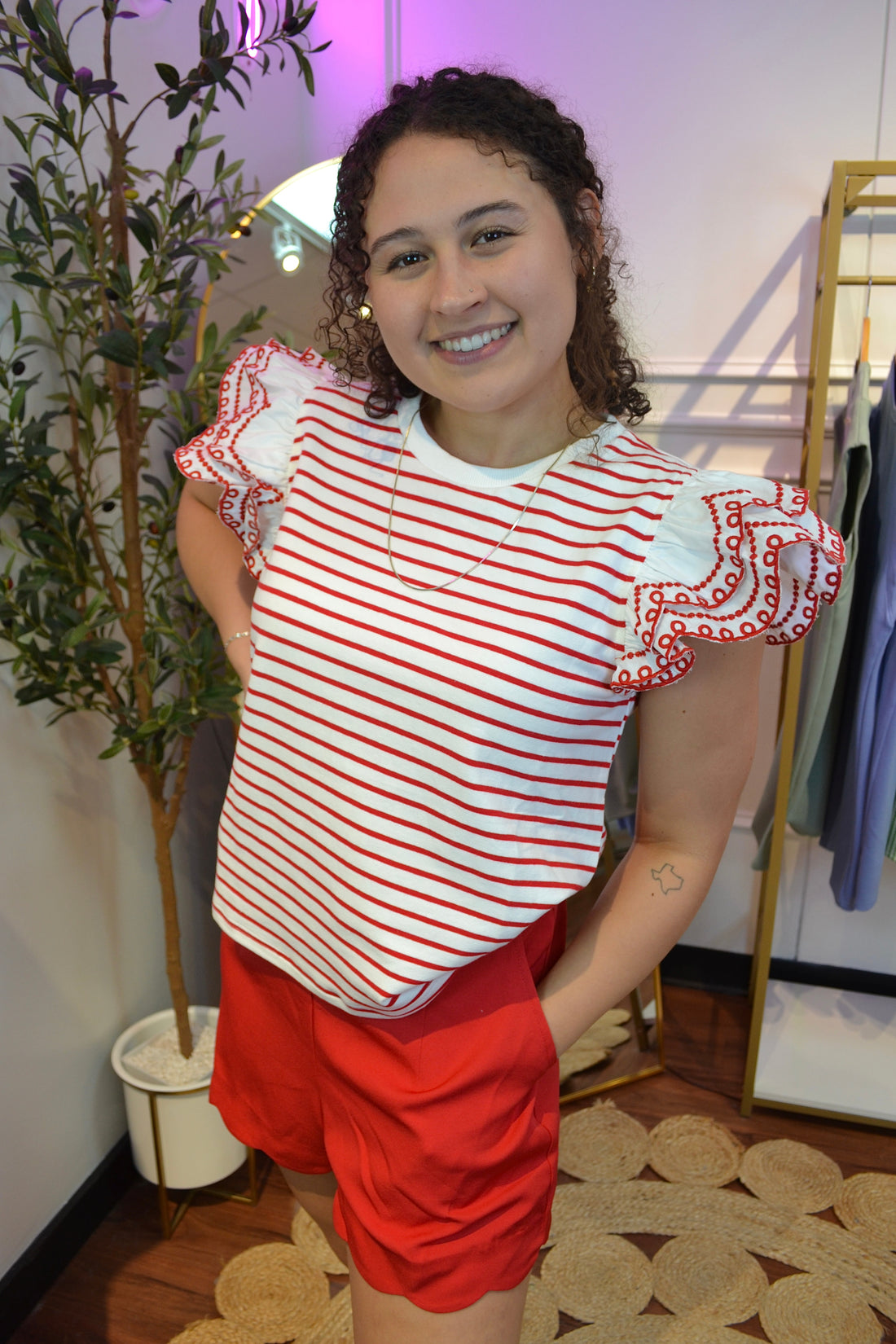 Cherry Picnic Flutter Sleeve Top By Jodifl