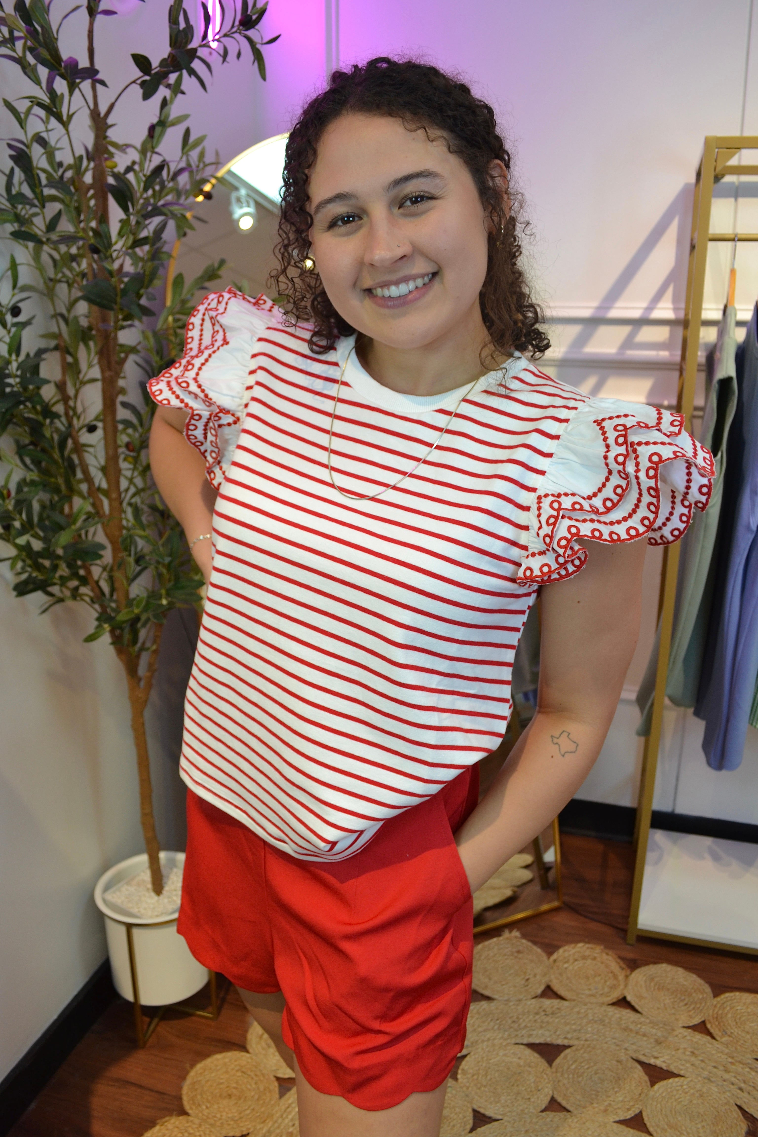Cherry Picnic Flutter Sleeve Top By Jodifl