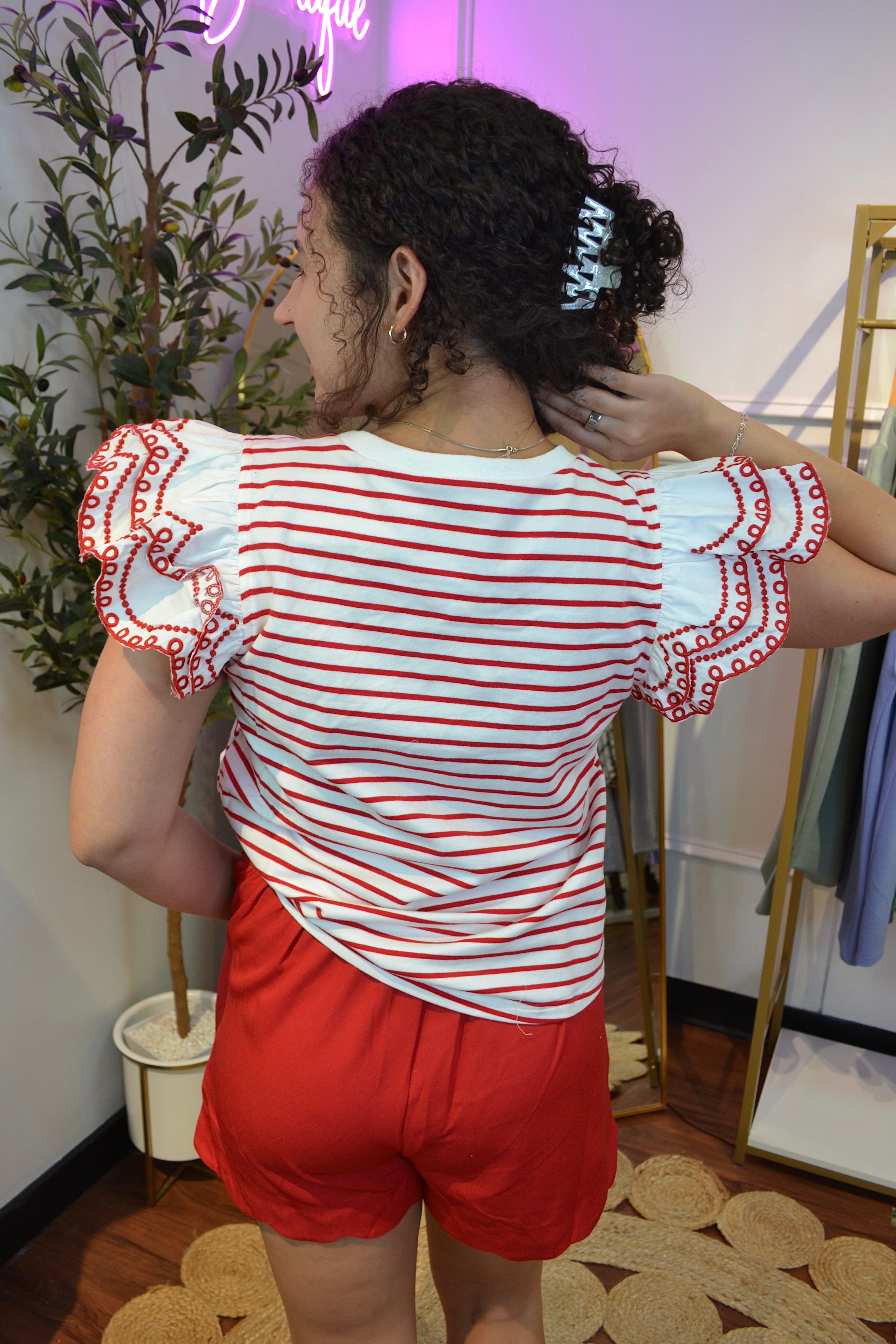 Cherry Picnic Flutter Sleeve Top By Jodifl