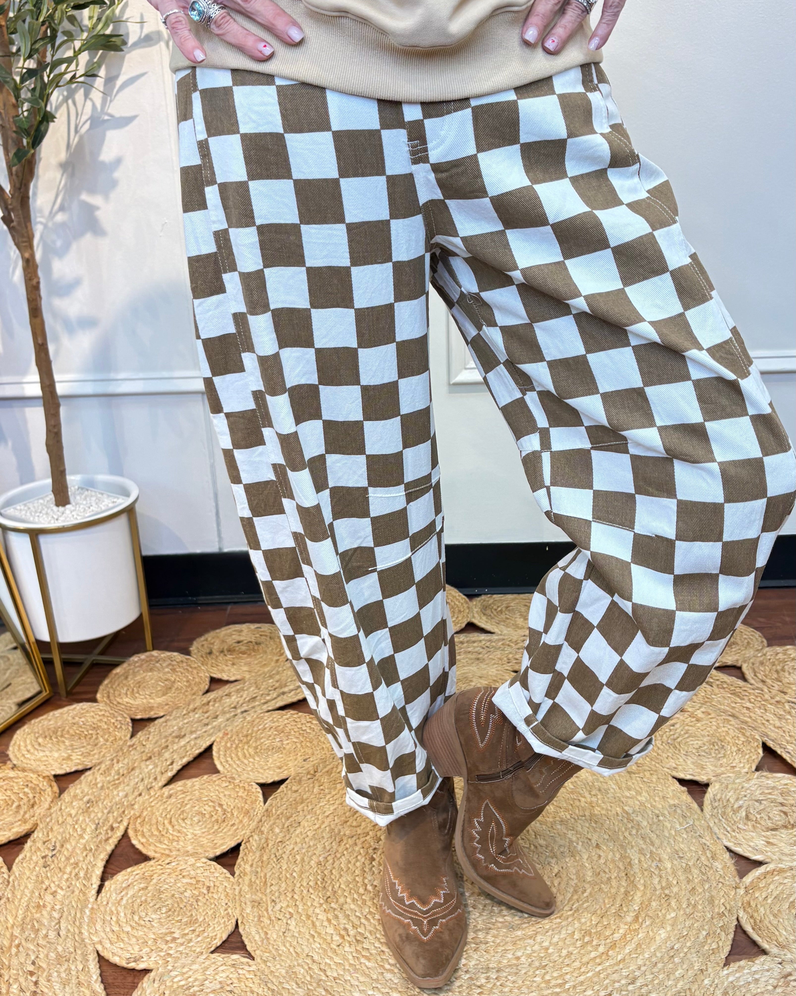 Checkered Printed Barrel Denim Pants By Oddi