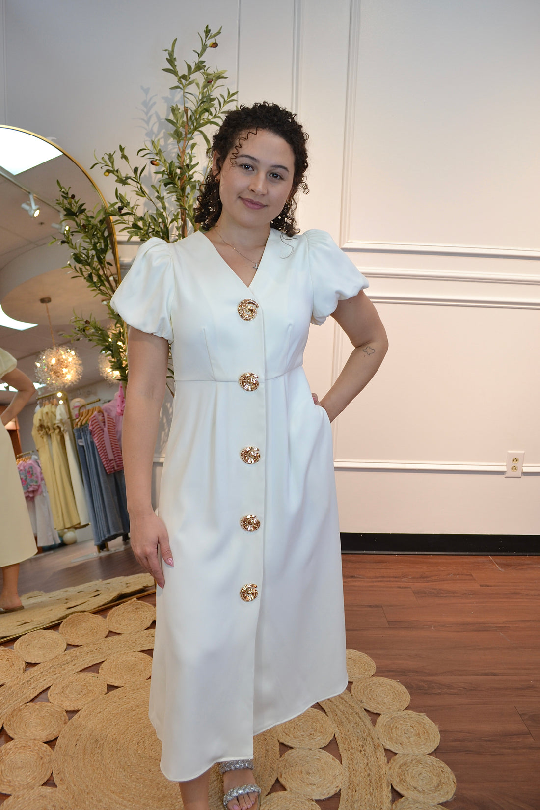 Golden Shell Button Midi Dress By Entro