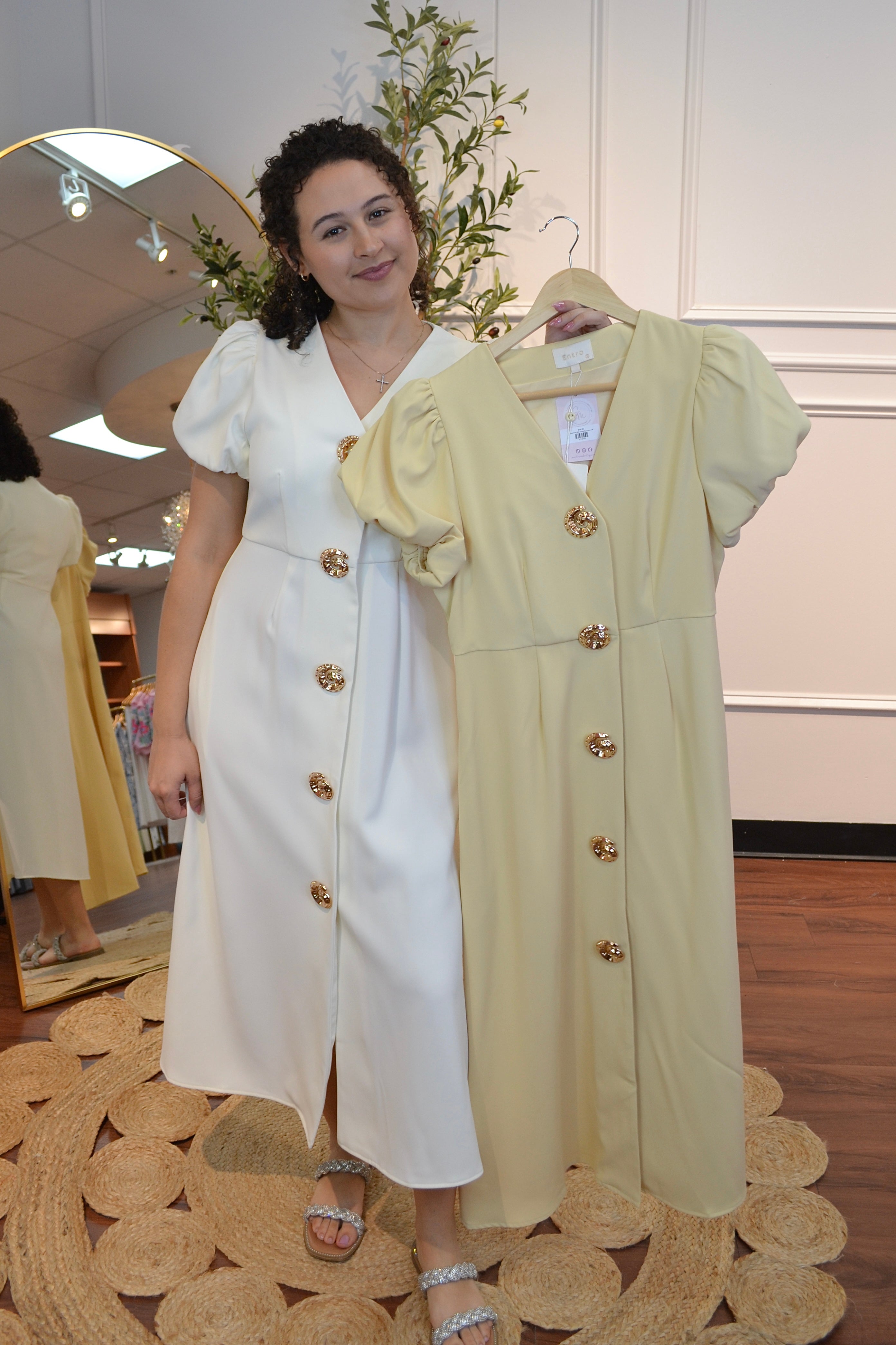Golden Shell Button Midi Dress By Entro