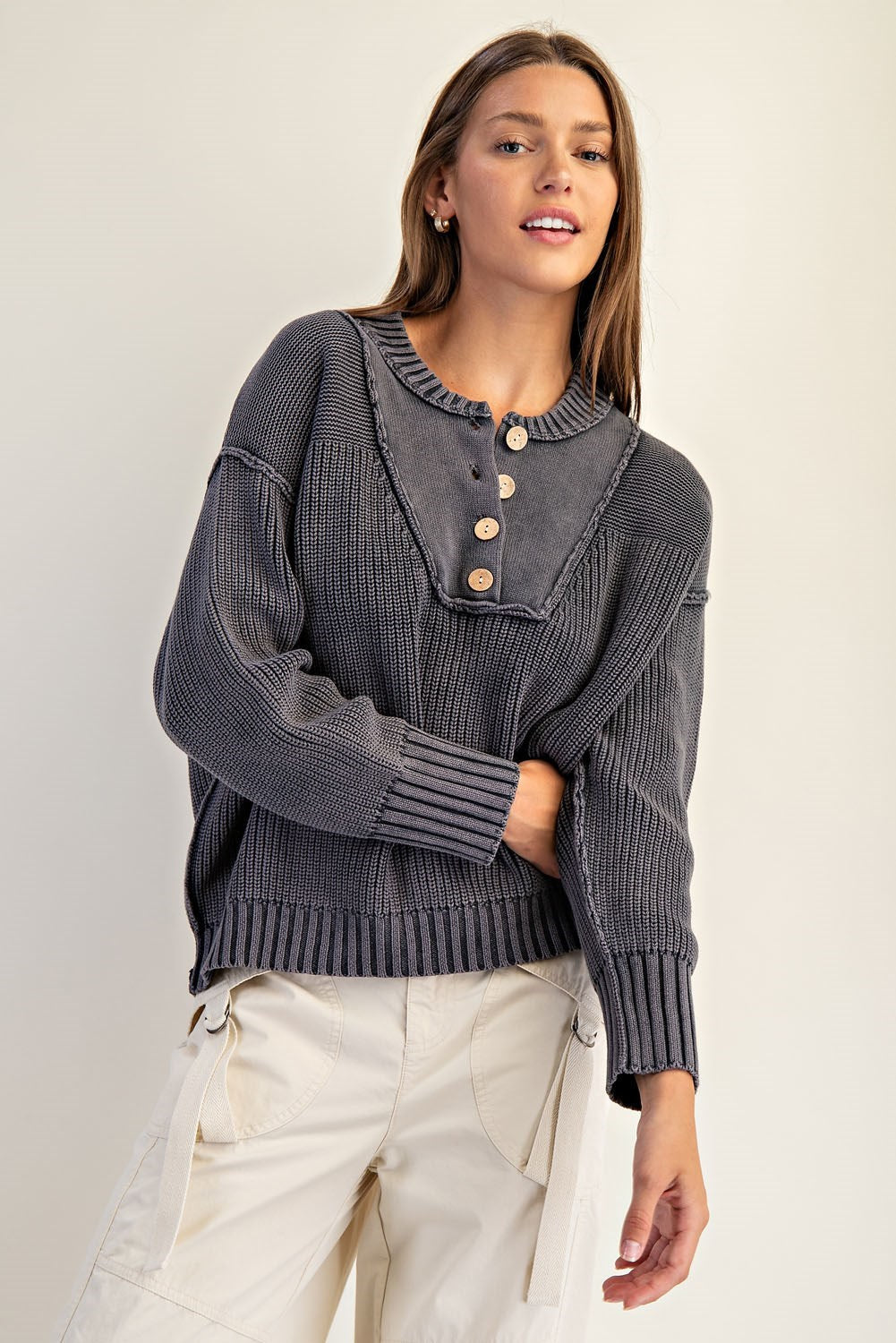 DG Half Button Front Long Sleeve Knit Pullover By Eesome
