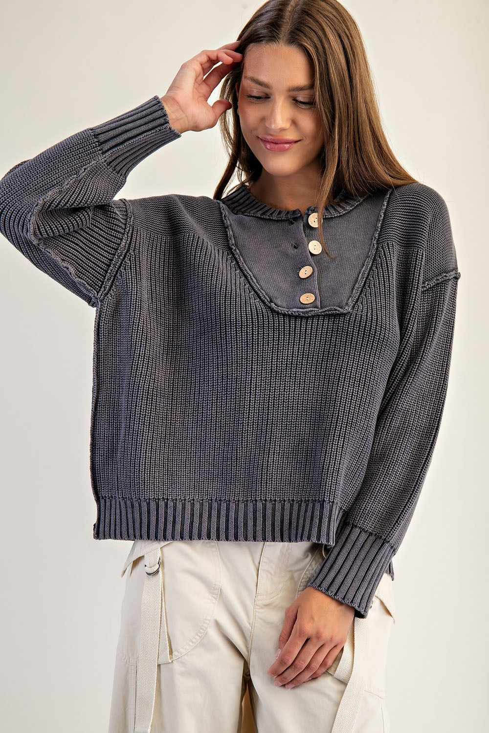DG Half Button Front Long Sleeve Knit Pullover By Eesome