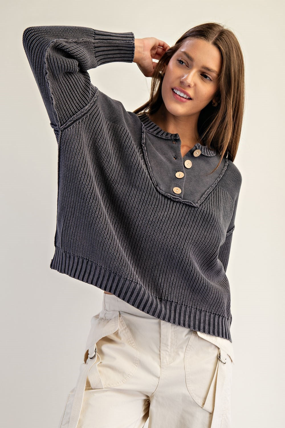 DG Half Button Front Long Sleeve Knit Pullover By Eesome