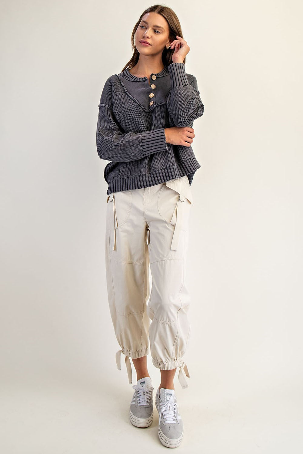 DG Half Button Front Long Sleeve Knit Pullover By Eesome