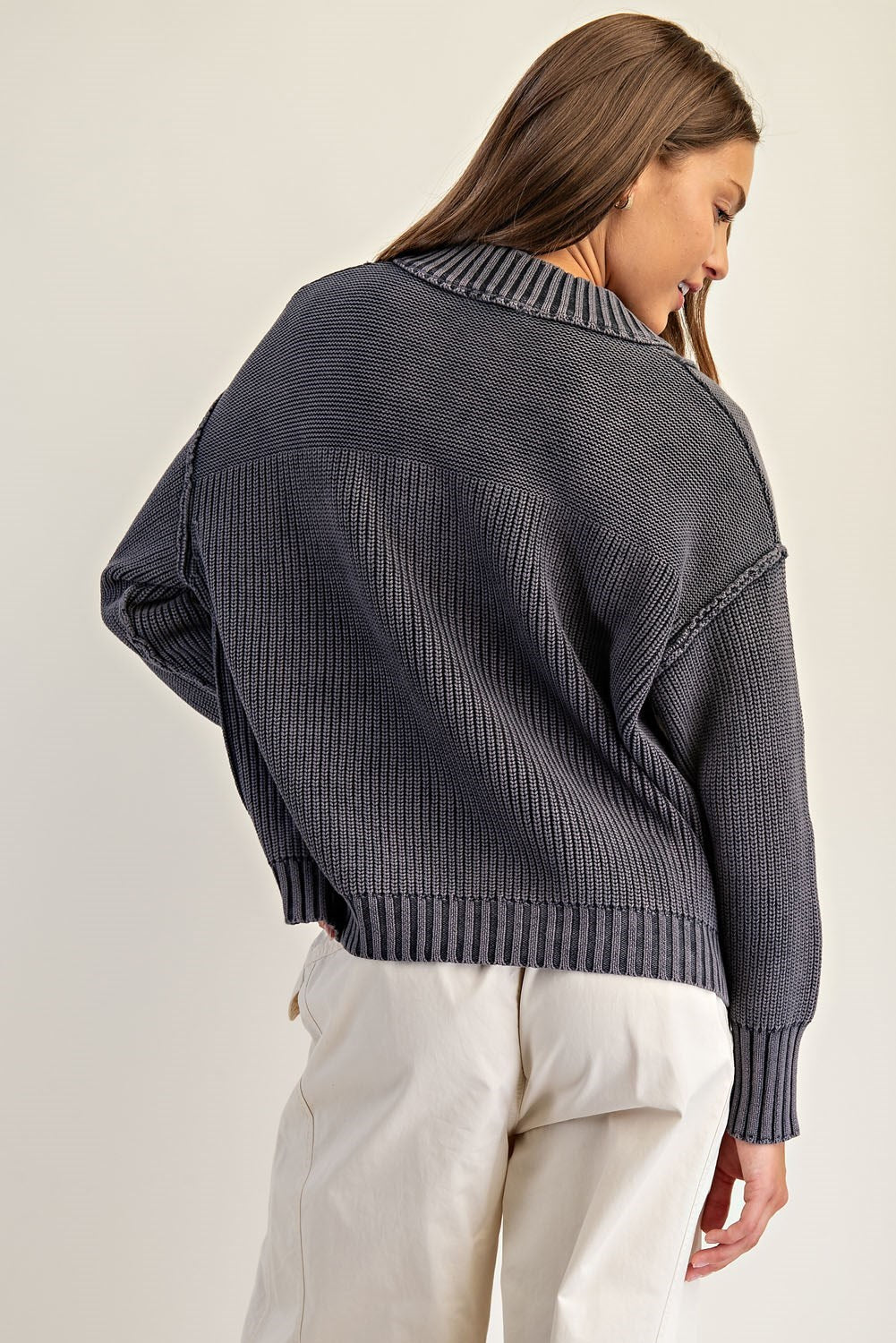 DG Half Button Front Long Sleeve Knit Pullover By Eesome