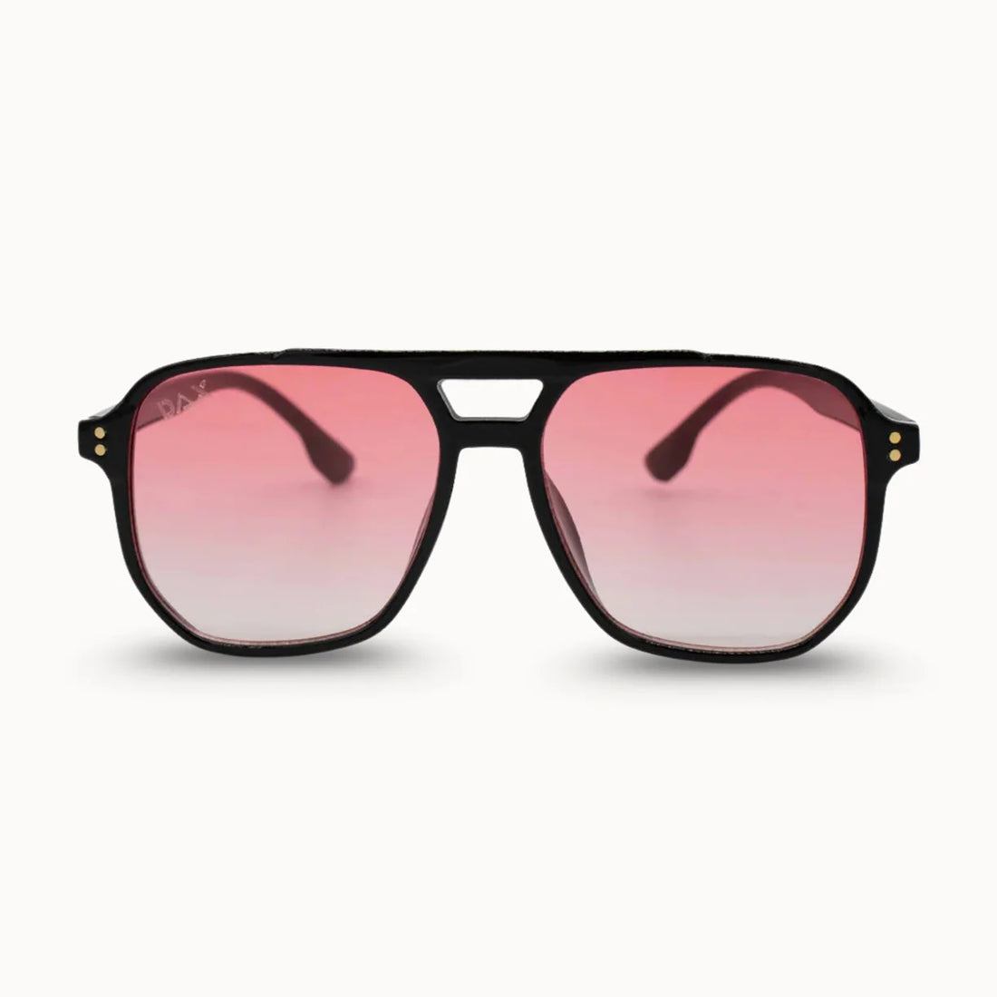 Black sunglasses with pink gradient lenses, modern aviator shape, lightweight frame, designed for women’s fashion and sun protection - SKU: 12345