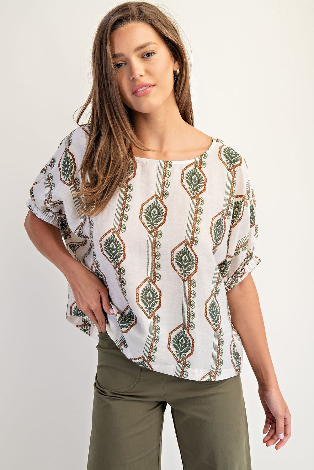 DG Geometric Floral Printed Elastic Cuff Blouse By Eesome