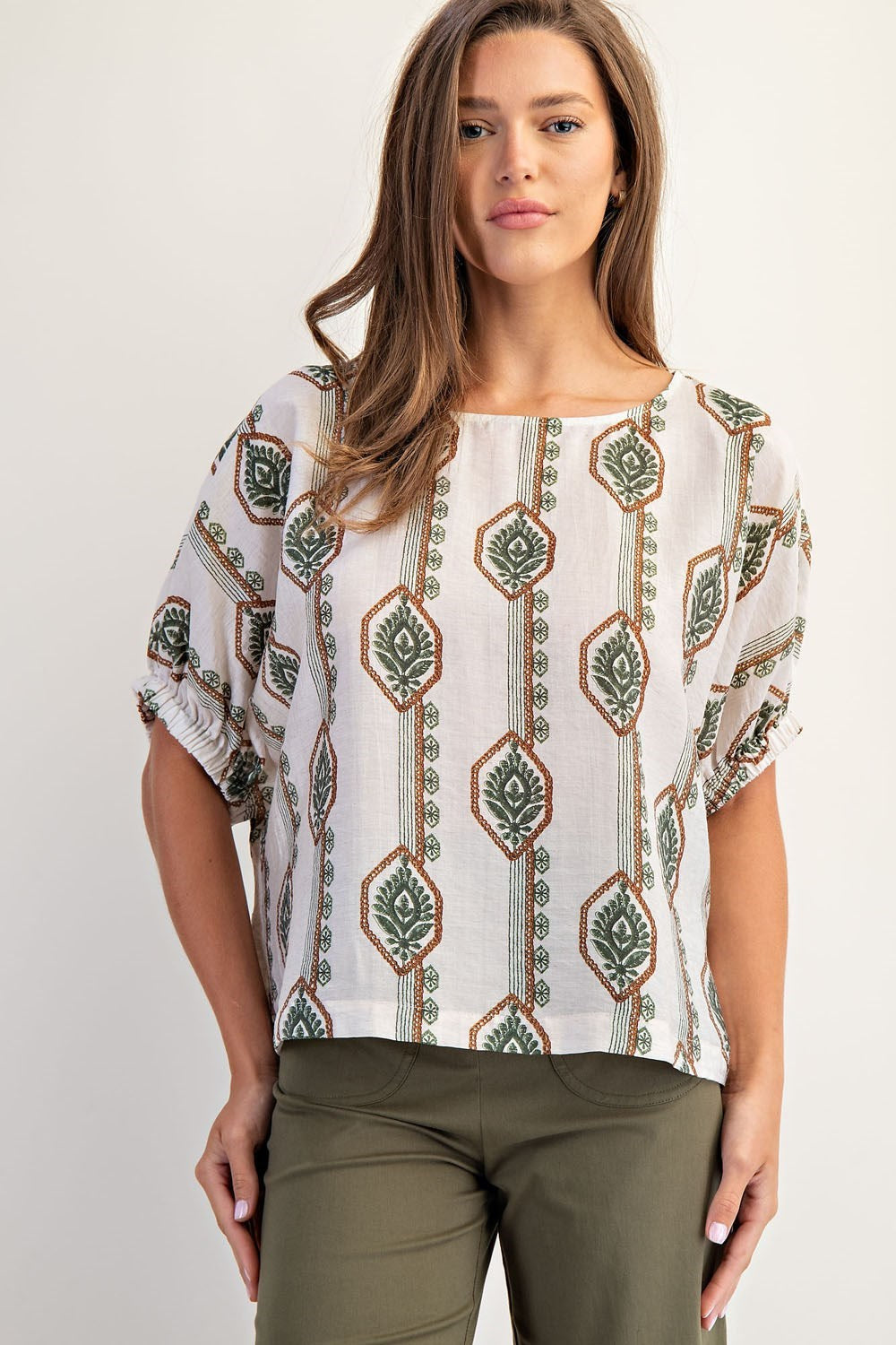 DG Geometric Floral Printed Elastic Cuff Blouse By Eesome