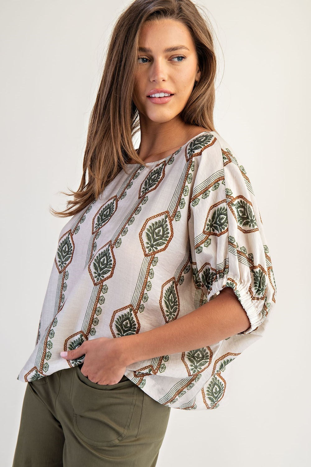 DG Geometric Floral Printed Elastic Cuff Blouse By Eesome
