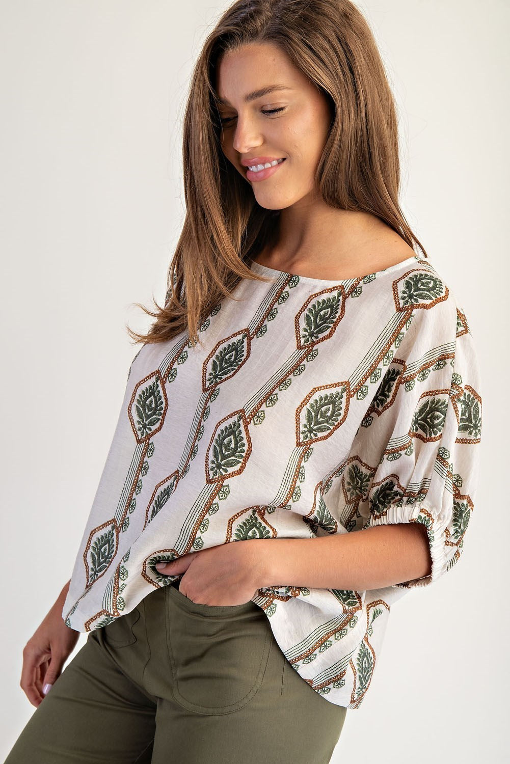 DG Geometric Floral Printed Elastic Cuff Blouse By Eesome