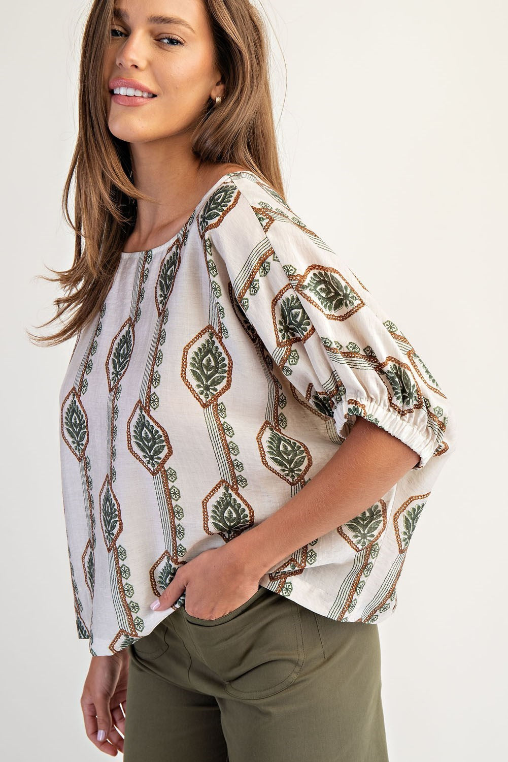 DG Geometric Floral Printed Elastic Cuff Blouse By Eesome