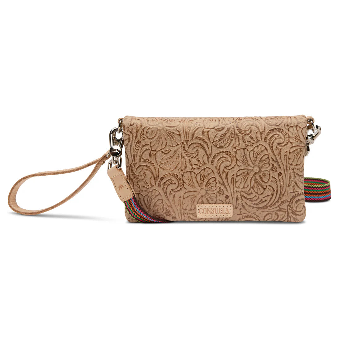 Beige leather crossbody bag with embossed floral pattern, multicolor striped strap, silver hardware, and Consuela logo patch, perfect for casual use.