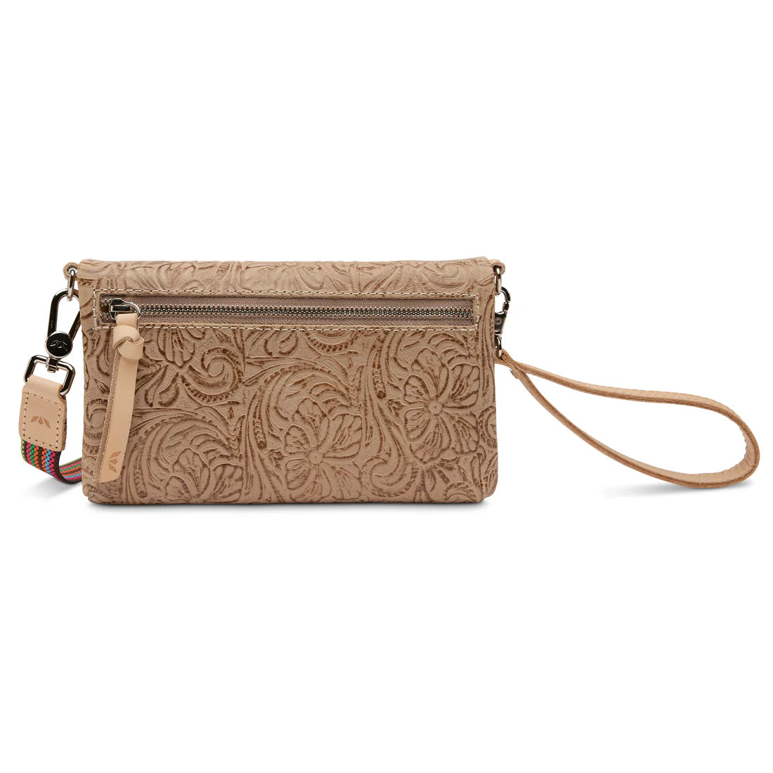 Beige embossed leather crossbody bag with floral pattern, zippered front pocket, wrist strap, and colorful woven strap detail - SKU: 12345