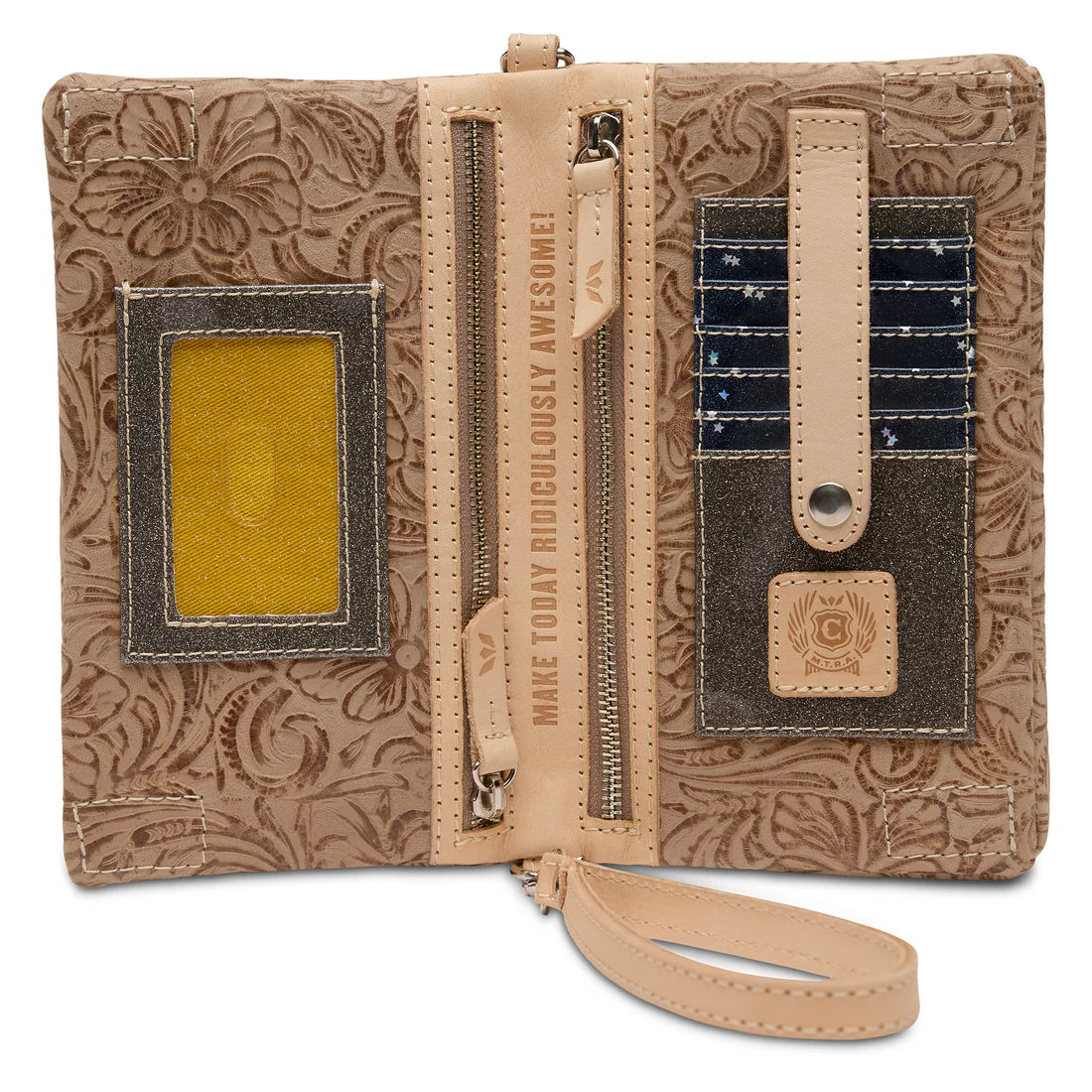 Beige floral embossed crossbody bag with multiple card slots, zippered pocket, and wrist strap, ideal for stylish everyday use.