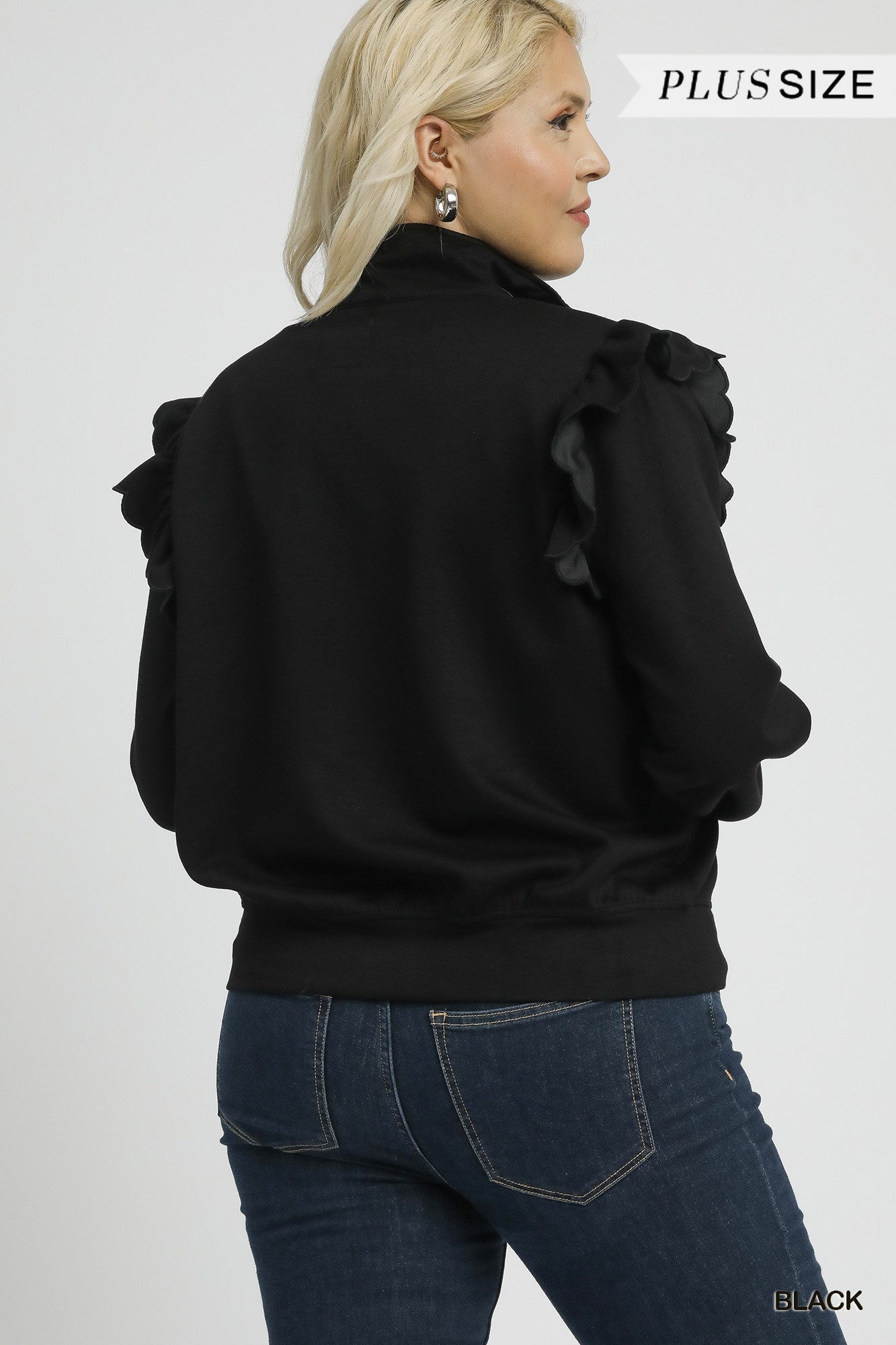 Plus Size Luxeknit Ruffle Shoulder Quarter-Zip Pullover By Umgee