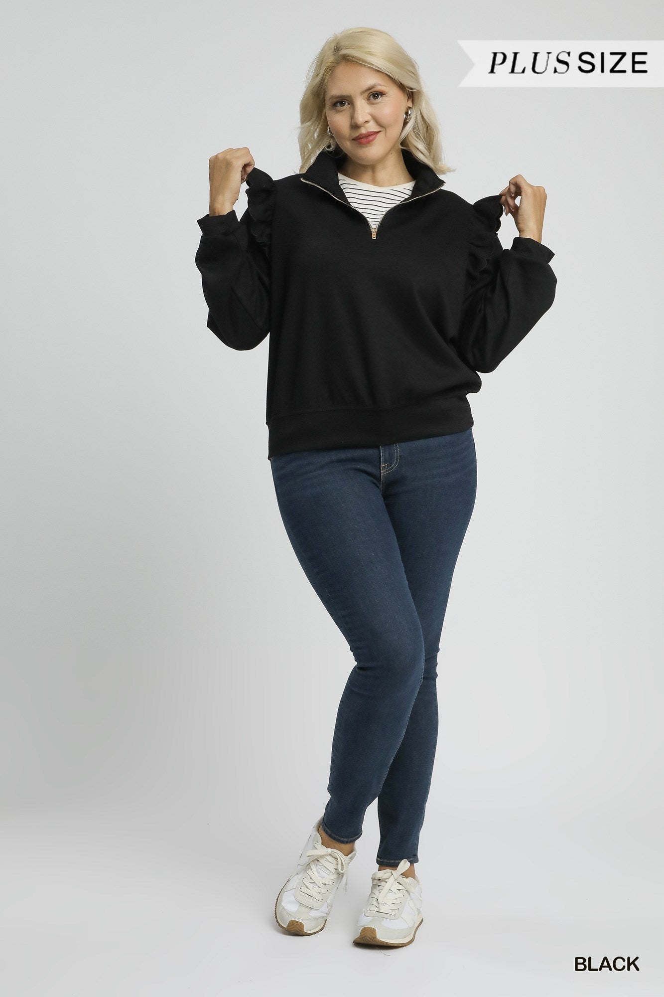 Plus Size Luxeknit Ruffle Shoulder Quarter-Zip Pullover By Umgee