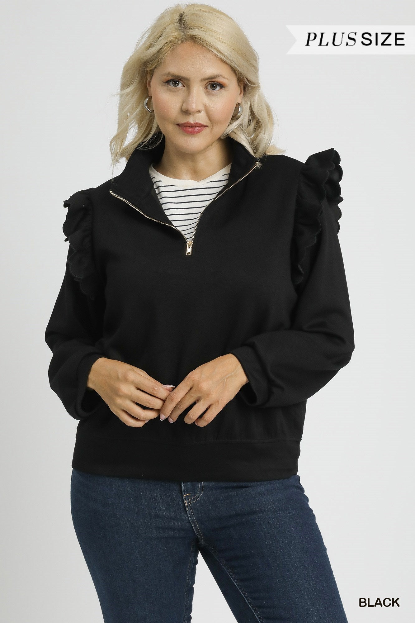 Plus Size Luxeknit Ruffle Shoulder Quarter-Zip Pullover By Umgee