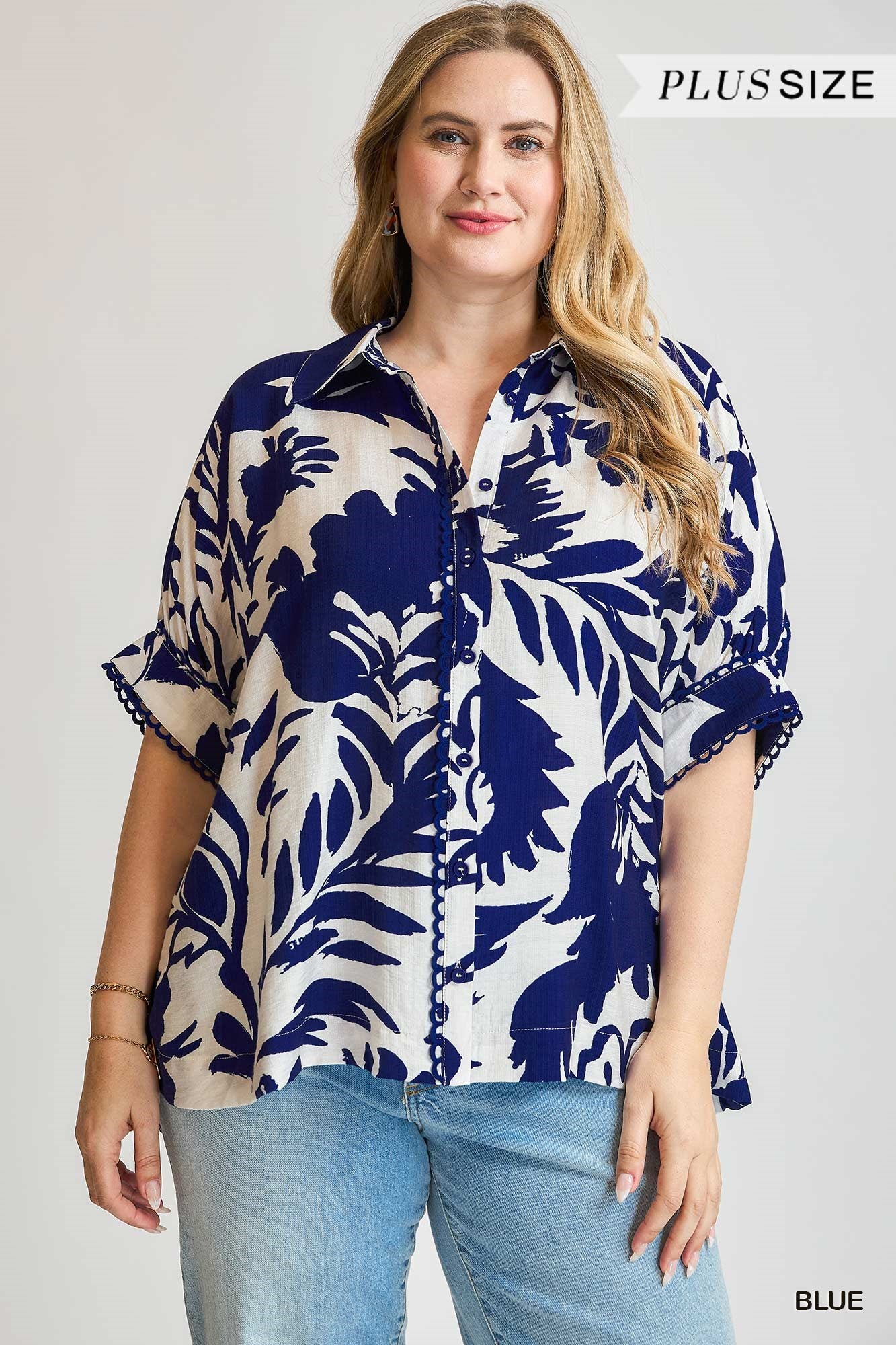 Bold Floral Print Button-Up Blouse (Curvy) by Umgee