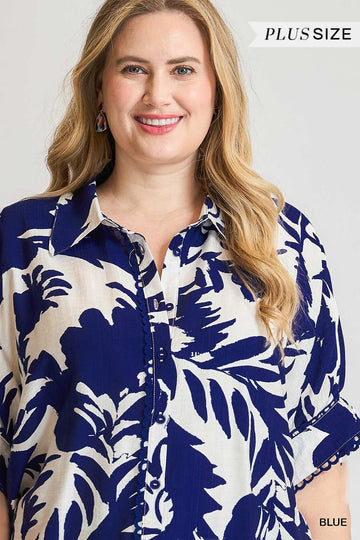 Bold Floral Print Button-Up Blouse (Curvy) by Umgee