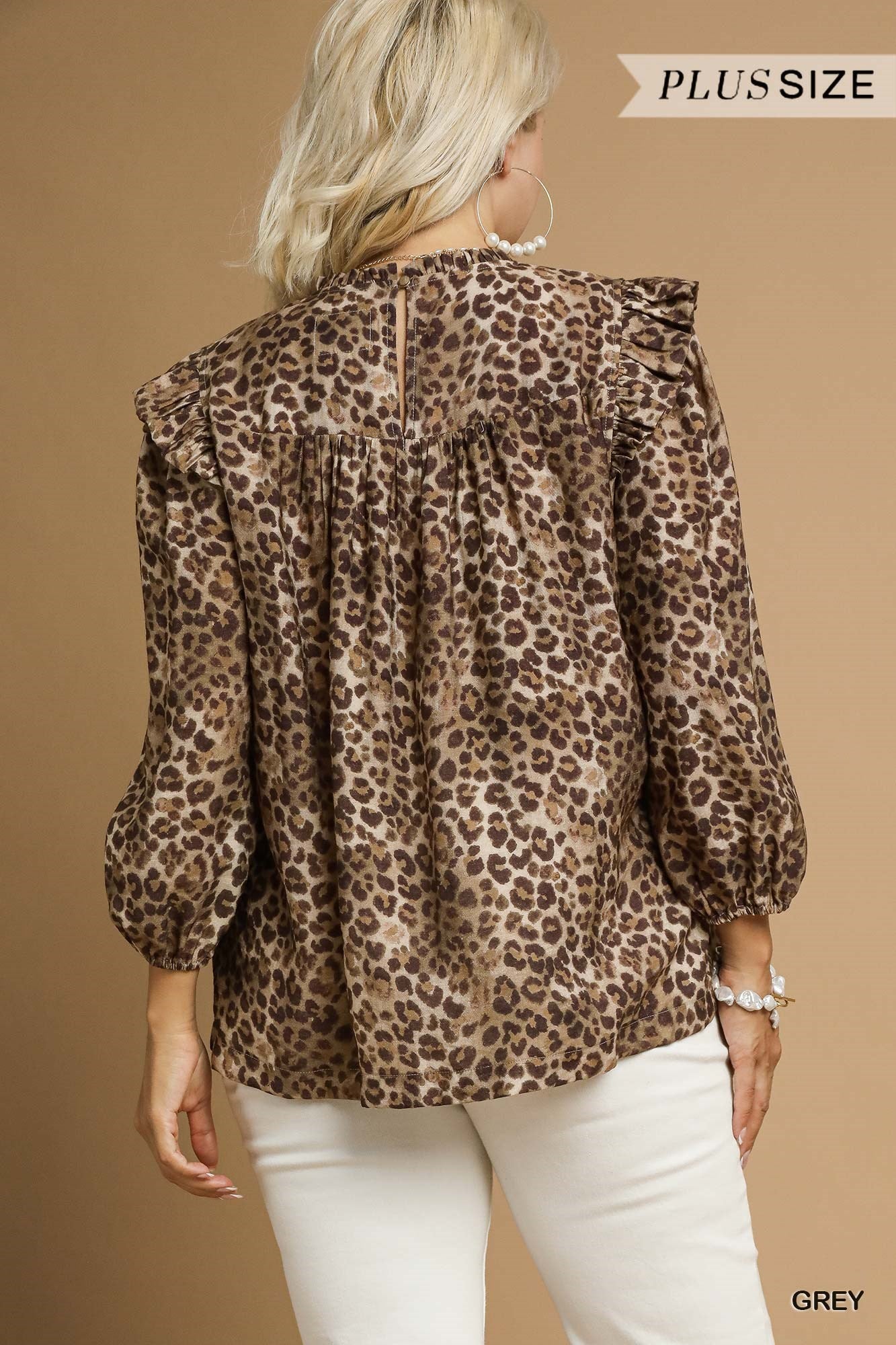 Plus Size Leopard Print Smocked Blouse with Ruffle Trim By Umgee