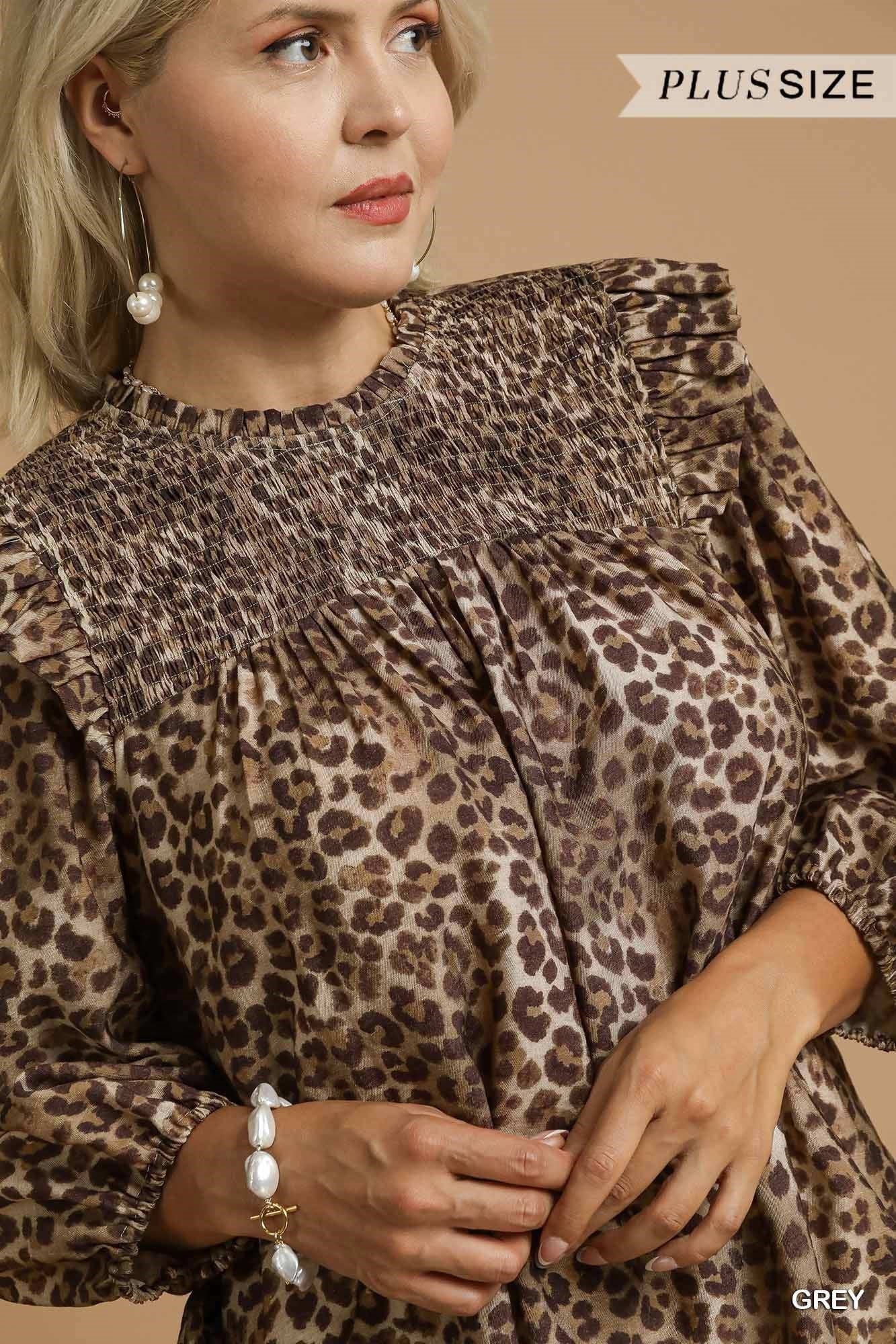 Plus Size Leopard Print Smocked Blouse with Ruffle Trim By Umgee