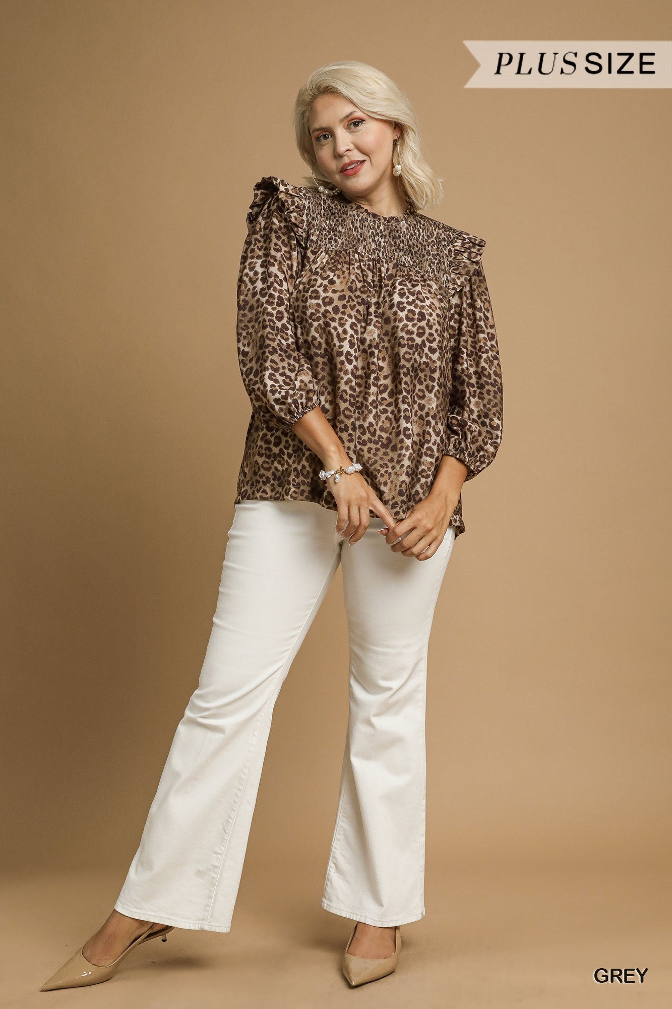 Plus Size Leopard Print Smocked Blouse with Ruffle Trim By Umgee