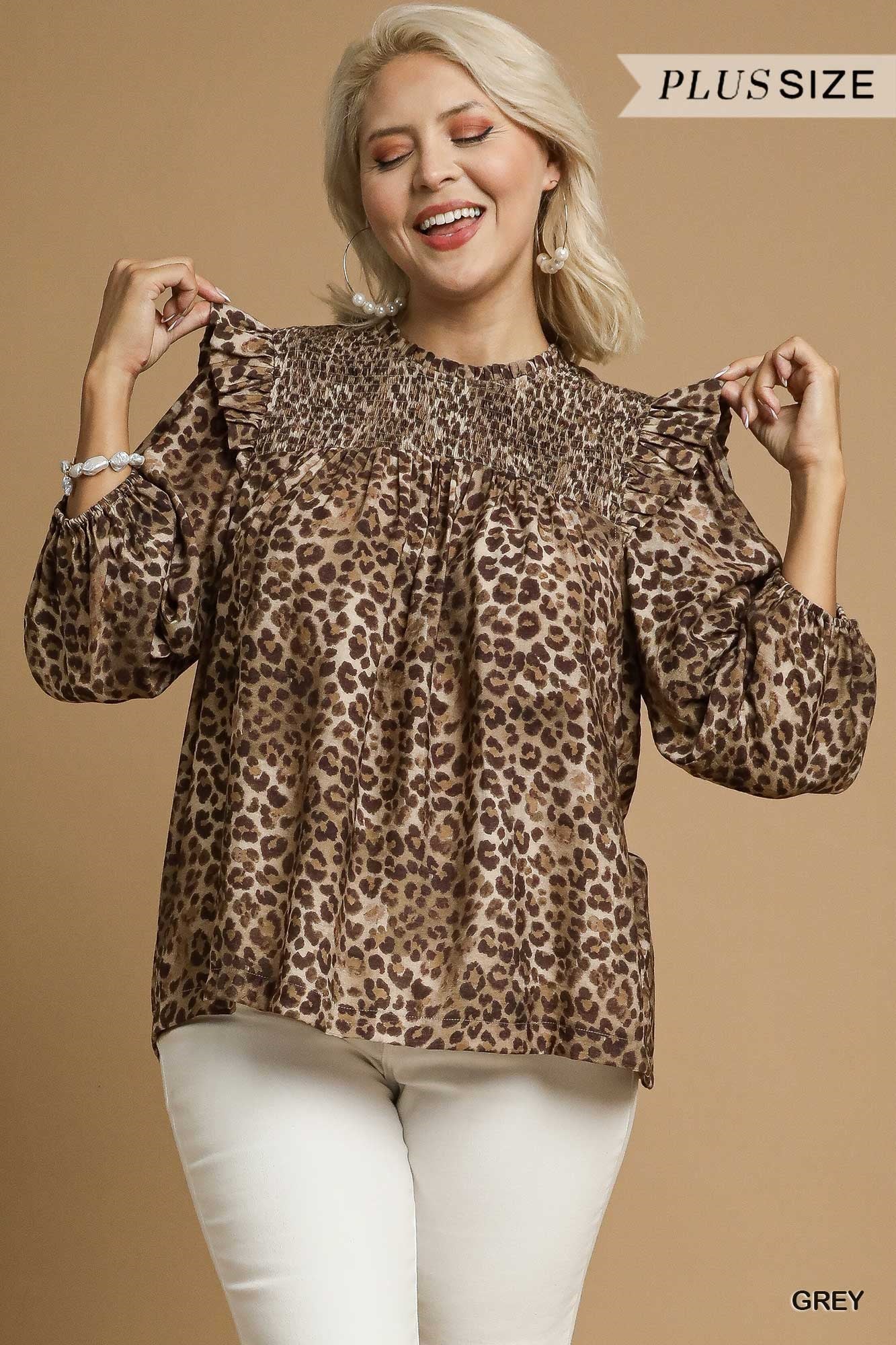 Plus Size Leopard Print Smocked Blouse with Ruffle Trim By Umgee
