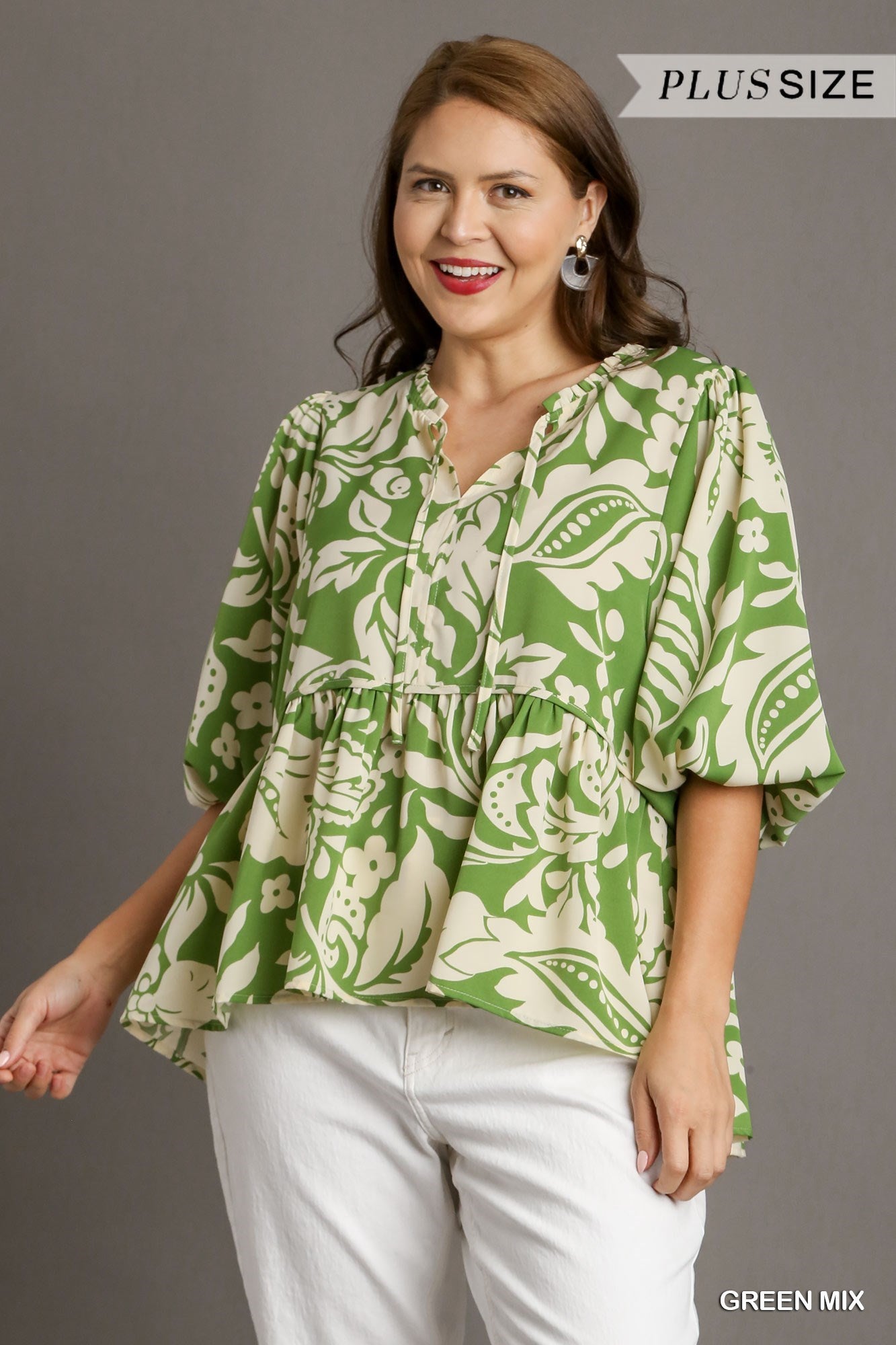 Plus Size Floral Print Split Neck Front Tie Top By Umgee