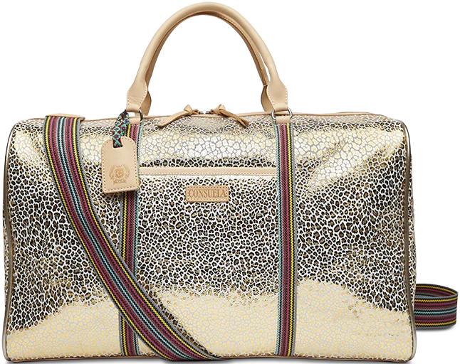 consuela metallic duffle bag with crossbody strap