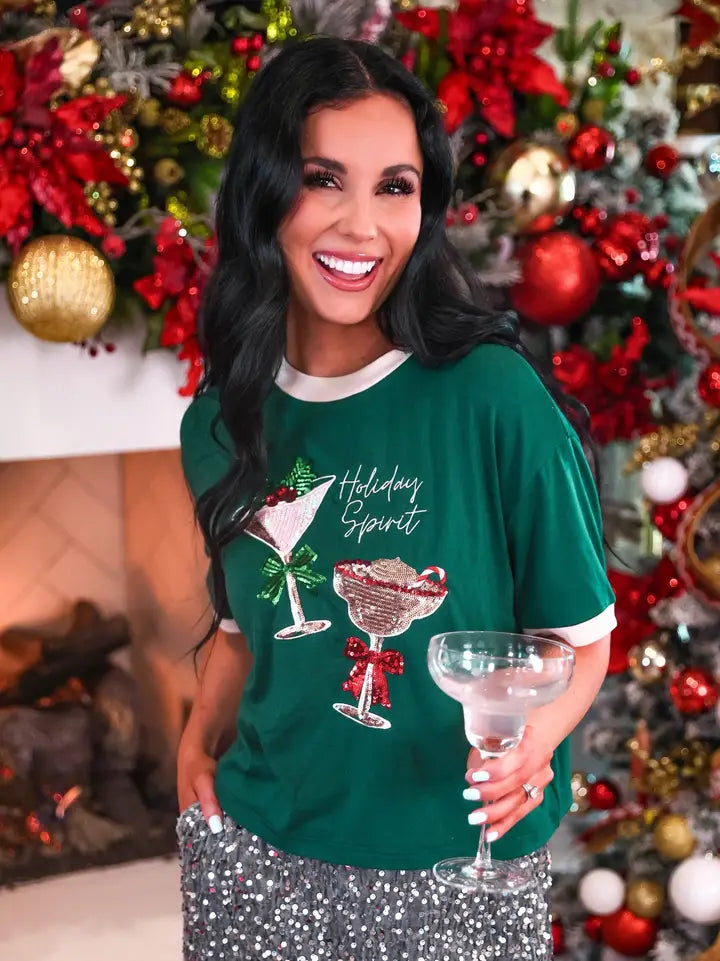 Jess Lea Holly Jolly Holiday Spirit Tee featuring sparkling sequin and embroidery details with a contrasting ringer neckline.
