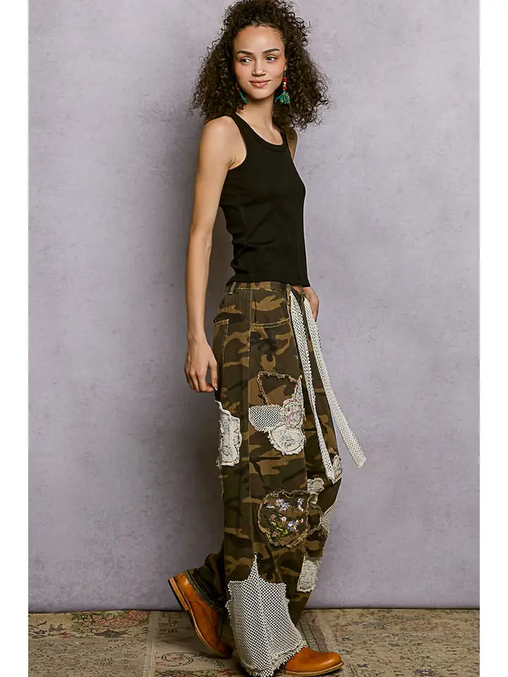 Floral Patches Butterfly Patchwork Camo Pants By Pol