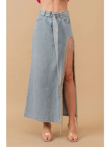 Cut Out Belted Rhinestone Fringe Maxi Denim Skirt