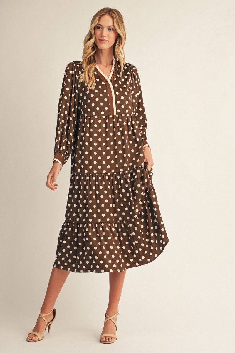 Mocha Moments Polka Dot Midi Dress By Jodifl