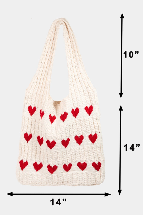 Crochet Knit Hearts Tote Bag