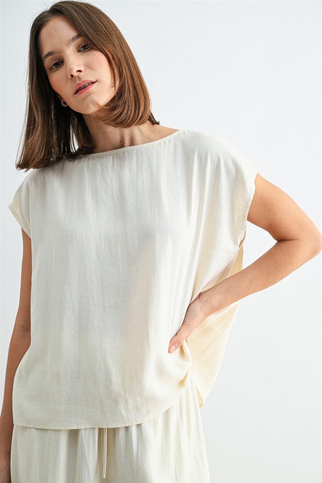 Beige linen blend short sleeve blouse relaxed fit front view