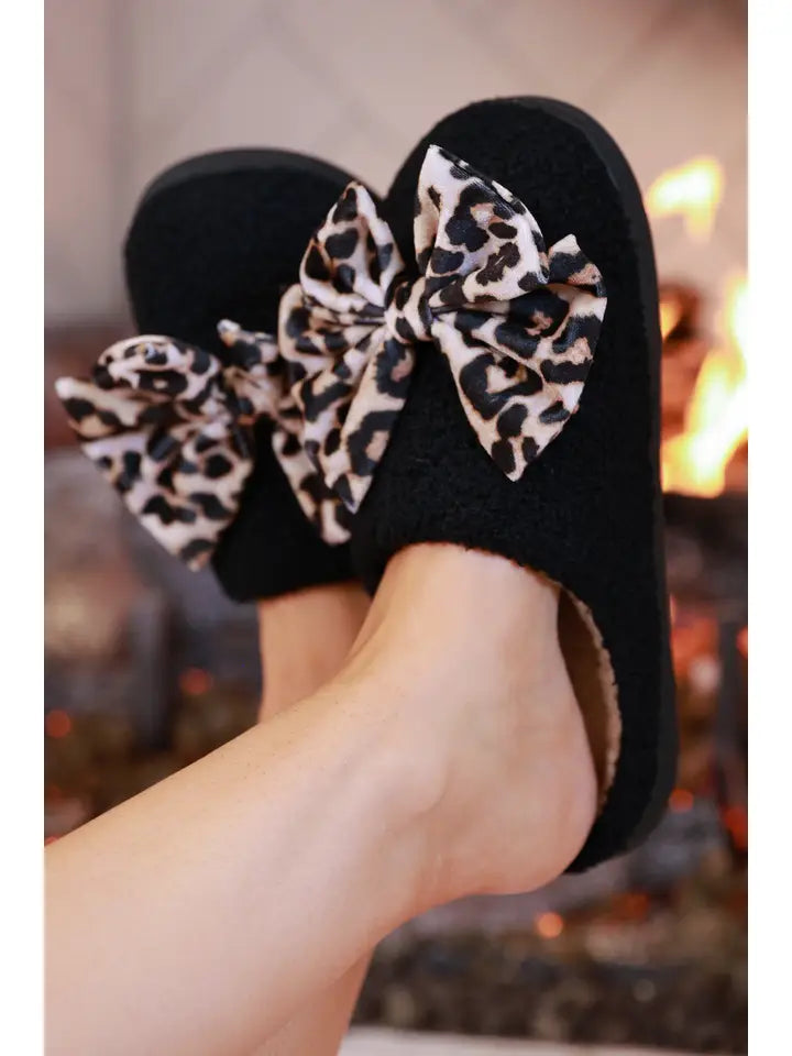 Cozy Bow Slippers- Black/Leopard