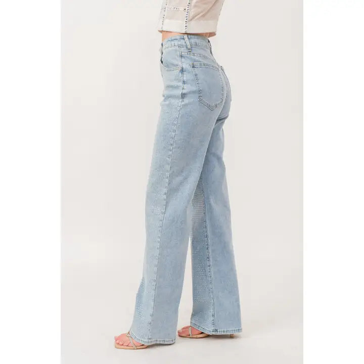 Rhinestone Hotfix Stretch Denim Pants