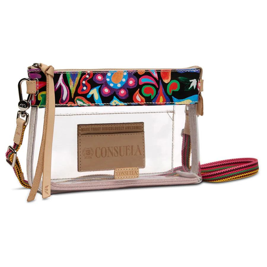 Transparent crossbody bag with colorful floral fabric trim, beige leather accents, adjustable woven strap, and interior credit card slots